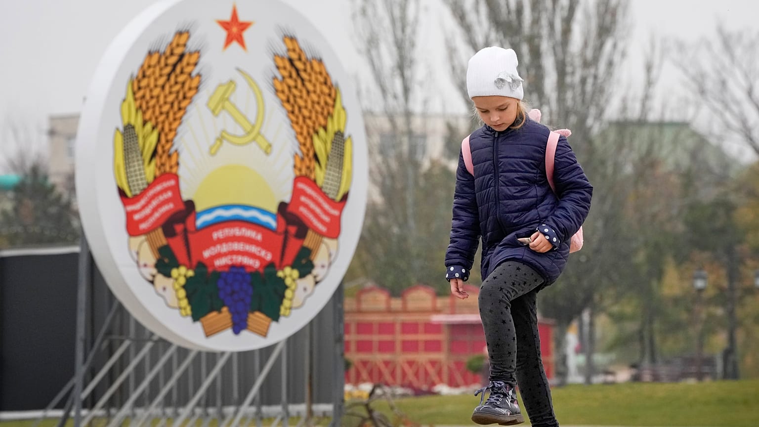 Девочка на фоне герба самопровозглашённой ПМР