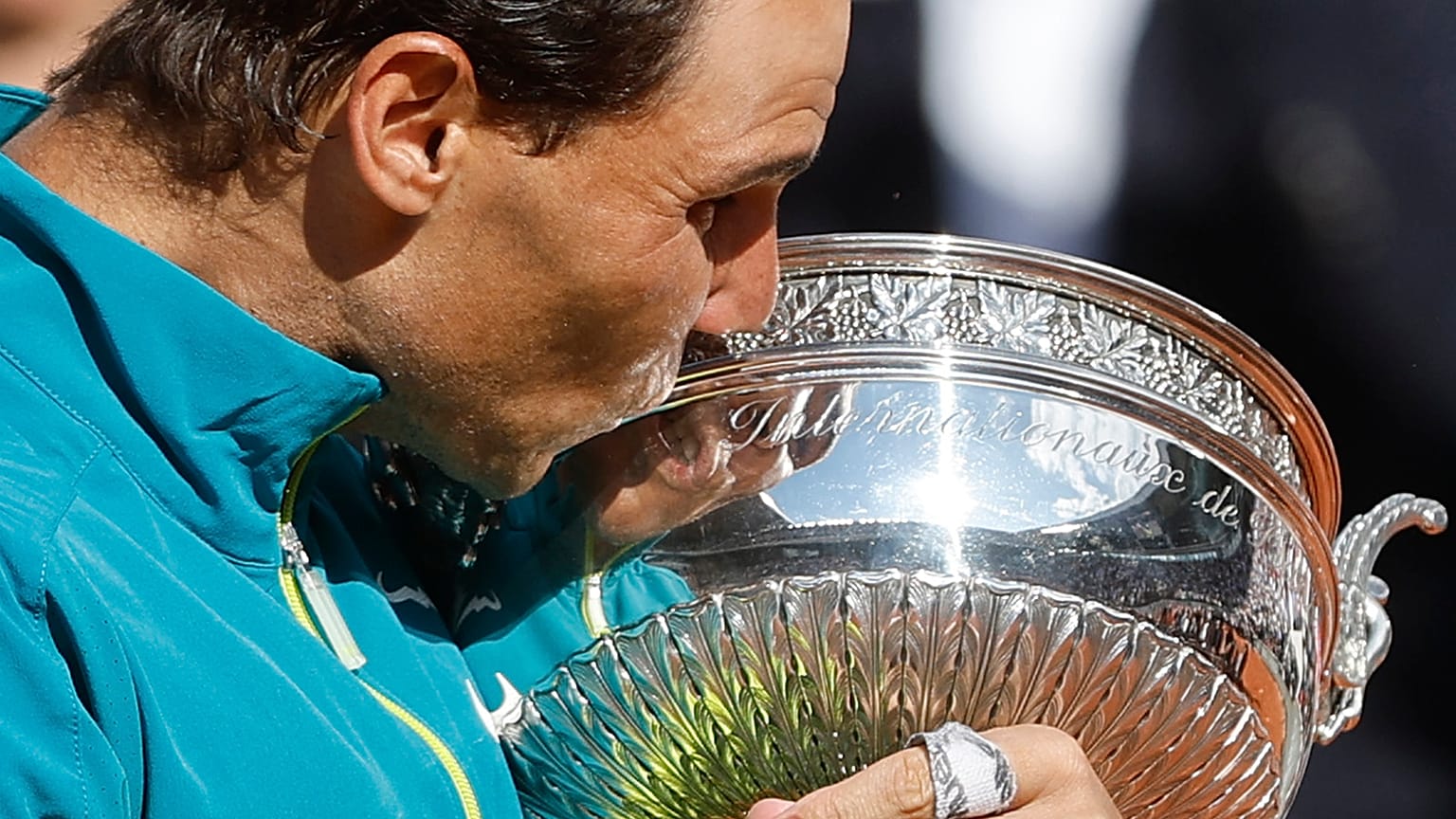 Spain's Rafael Nadal kisses the cup after defeating Norway's Casper Ruud in their final match of the French Open tennis tournament on 5 June 2022