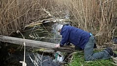Ein Freiwilliger sammelt während einer Müllsammelaktion im Feuchtgebiet Kolovrechtis in der Nähe von Chalkida (Insel Euböa) eine Plastiktüte aus einem Bach auf, 3. Februar 201
