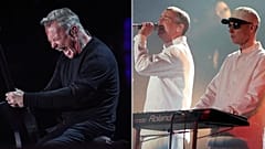(Left) Metallica guitarist James Hetfield at Hellfest, 2022 (SEBASTIEN SALOM-GOMIS) and (right) Pet Shop boys perform in 1997 (TIM DICKINSON)