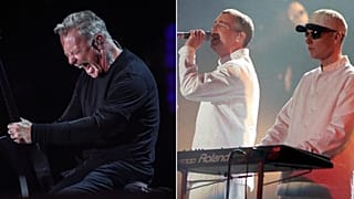 (Left) Metallica guitarist James Hetfield at Hellfest, 2022 (SEBASTIEN SALOM-GOMIS) and (right) Pet Shop boys perform in 1997 (TIM DICKINSON)