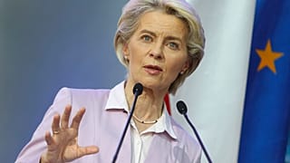 European Commission President Ursula von der Leyen speaks during a joint news conference with Poland's Prime Minister Mateusz Morawiecki