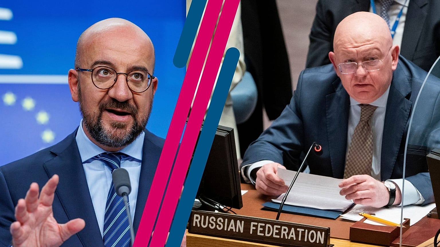 À gauche, Charles Michel, président du Conseil européen. À droite, Vassily nebenzia, représentant russe à l'ONU