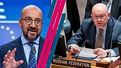 À gauche, Charles Michel, président du Conseil européen. À droite, Vassily nebenzia, représentant russe à l'ONU