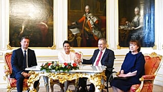 Czech President Milos Zeman, second right, with his wife, Ivana Zemanova, right, and Hungarian President Katalin Novak, second left, with her husband, Istvan Veres