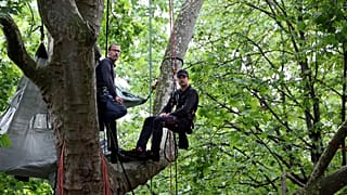 Thomas Brail sits on a branch of a century-old tree in Paris as a protest against the renovation project of the surroundings of the Eiffel Tower.