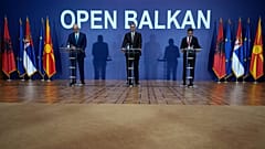 Serbian President Aleksandar Vucic, center, speaks during a press conference with Albanian Prime Minister Edi Rama, left, and North Macedonia Deputy PM Nikola Dimitrov