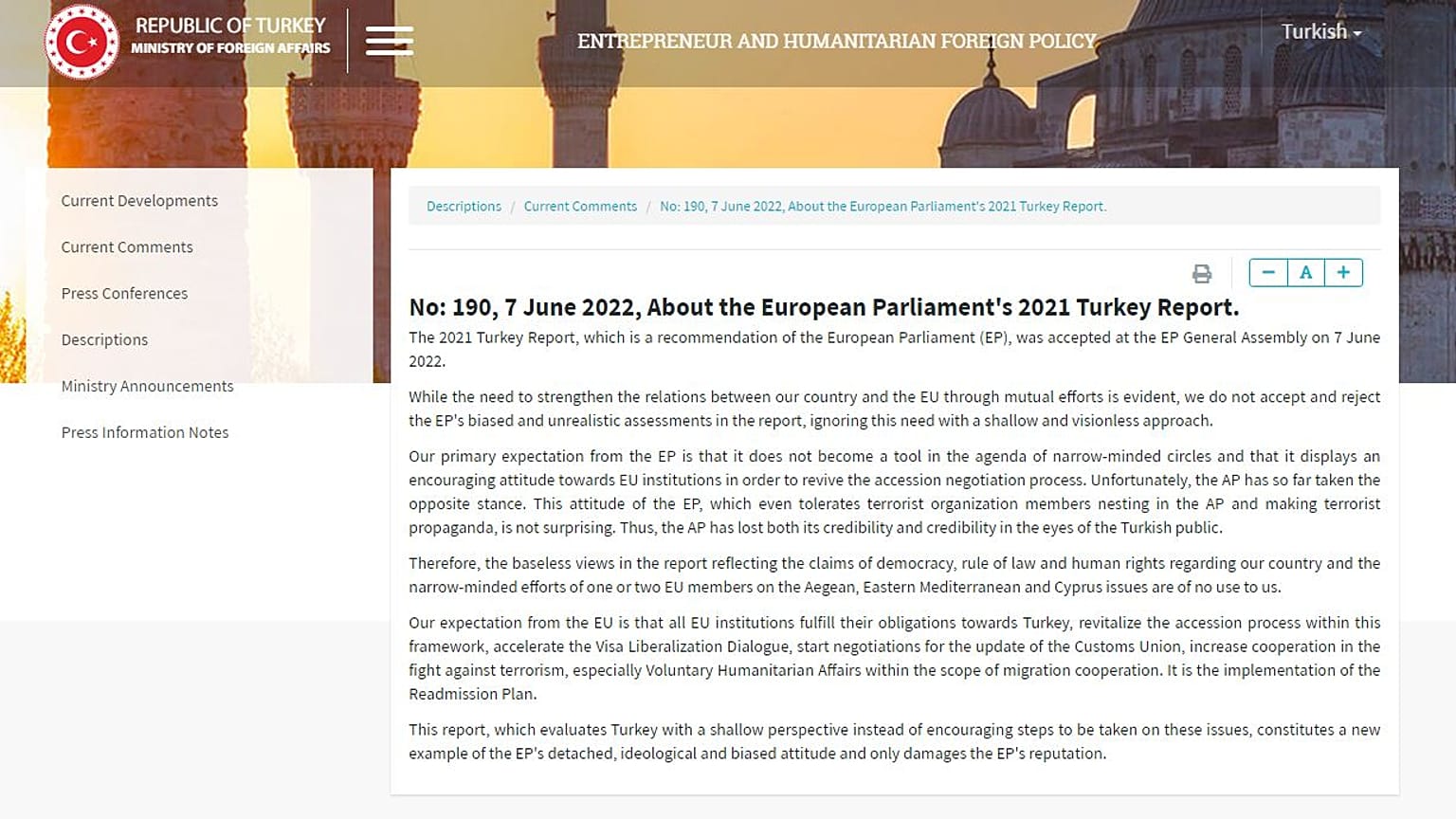 Η ανακοίνωση του τουρκικού ΥΠΕΞ