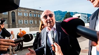 Sepp Blatter was pictured smiling as he arrived at theSwiss Federal Criminal Court in Bellinzona.
