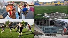 Aficionados en el Donetsk Arena (2012) - Un campo de entrenamiento de la Eurocopa 2012 en Kharkiv tras los daños causados por una bomba - El Donetsk Arena fue dañado en 2014