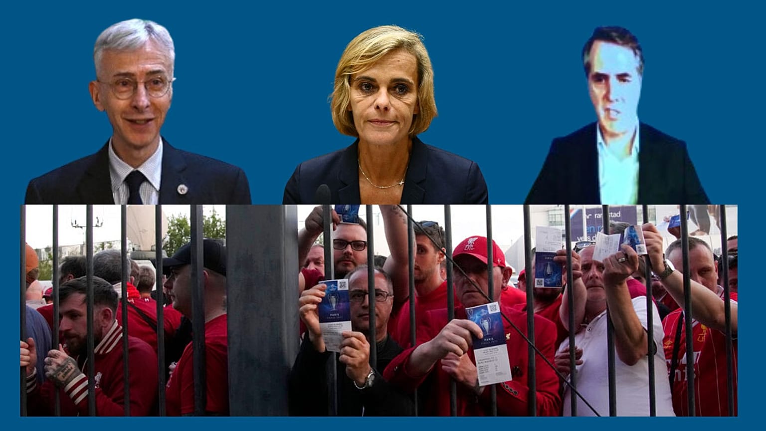 En haut : différents protagonistes auditionnés au Sénat / en bas : supporters de Liverpool au stade de France, le 28 mai 2022