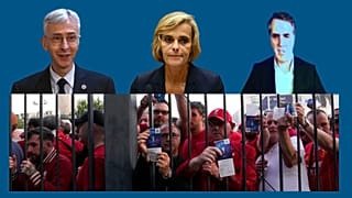 En haut : différents protagonistes auditionnés au Sénat / en bas : supporters de Liverpool au stade de France, le 28 mai 2022