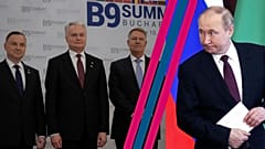À gauche, les présidents polonais (Duda), lituanien (Nauseda) et roumain (Iohannis). À droite, Vladimir Poutine 