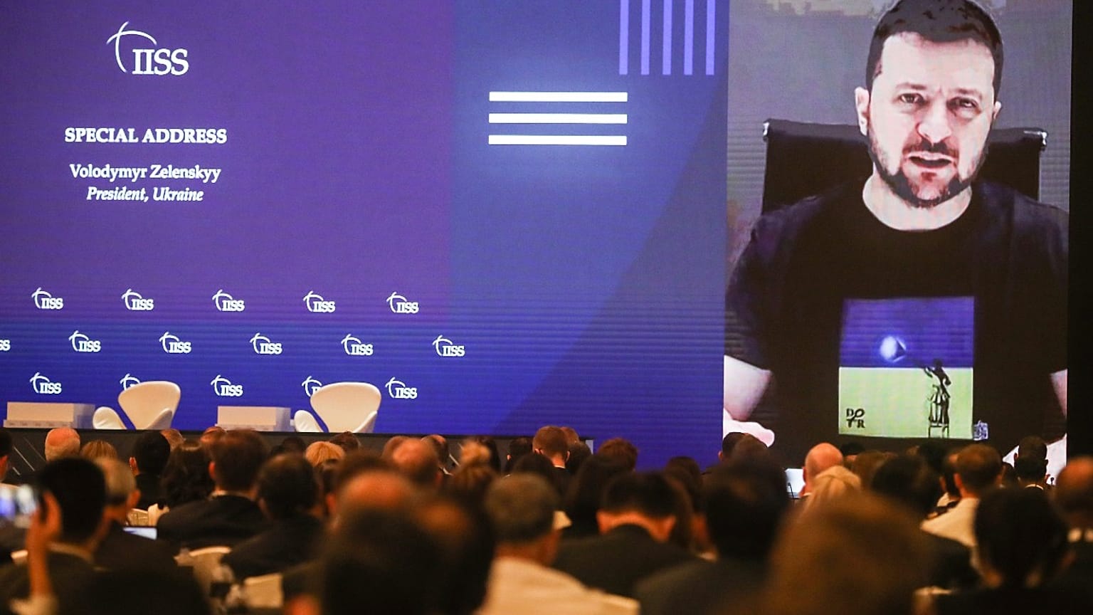 President Zelenskyy addresses by video the International Institute for Strategic Studies (IISS) Shangri-la Dialogue, Asia's premier defense forum, in Singapore, June 11, 2022.