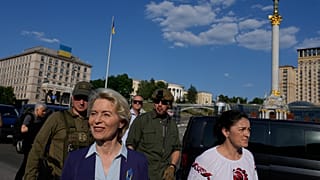 European Commission President Ursula von der Leyen, left, visits Maidan Square in Kyiv, Ukraine, Saturday, June 11, 2022. 