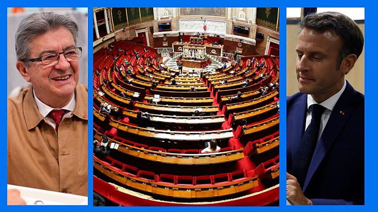 Jean-Luc Mélenchon (l.) und Emmanuel Macron (r.) am 12.06.2022 / Innenansicht der Nationalversammlung in Paris (Archiv) 