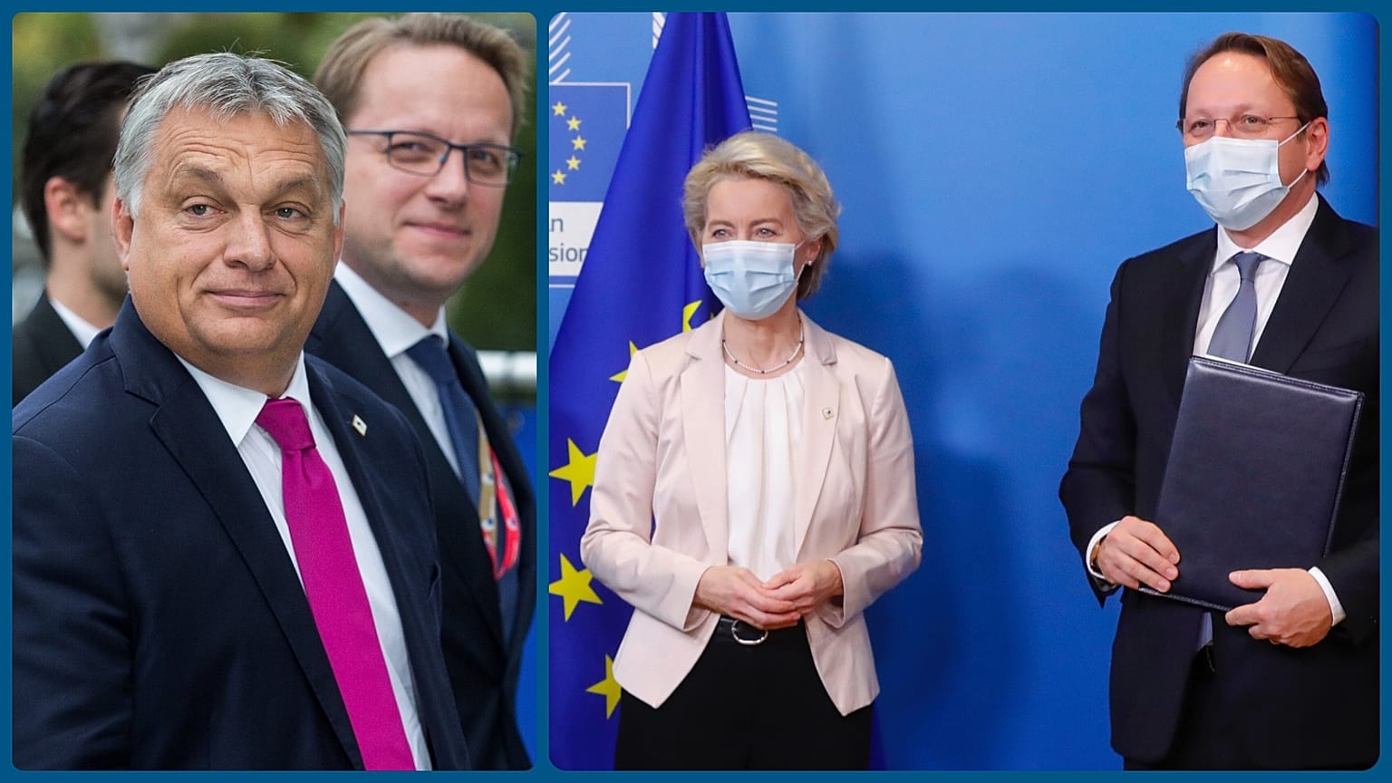 Orbán Viktor, illetve Ursula von der Leyen és Várhelyi Olivér
