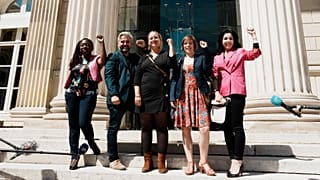 Les députés insoumis élus dès le premier tour des législatives, Danièle Obono, Alexis Corbière, Sarah Legrain et Sophia Chikiro devant l'Assemblée nationale, le 13 juin 2022.