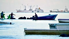 Small-scale fishermen and industrial vessels in Port Louis, Mauritius