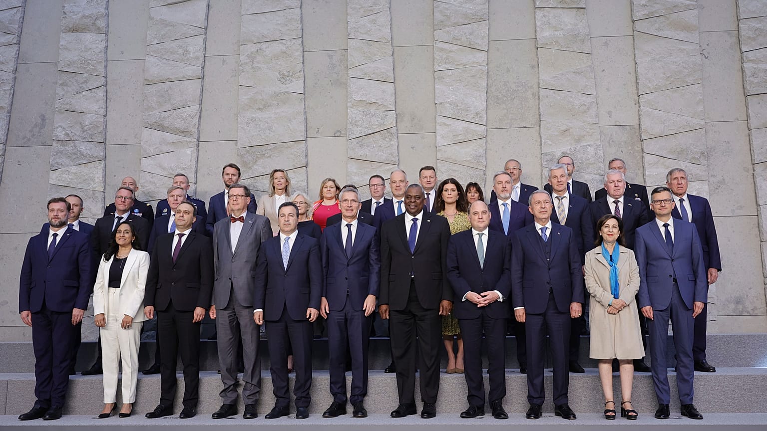 NATO Secretary General Jens Stoltenberg, front centre left, and US Defence Secretary Lloyd Austin, front centre right, and NATO defence ministers, Brussels, June 16, 2022.