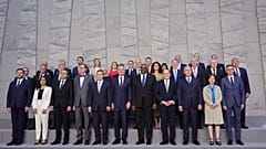 NATO Secretary General Jens Stoltenberg, front centre left, and US Defence Secretary Lloyd Austin, front centre right, and NATO defence ministers, Brussels, June 16, 2022.