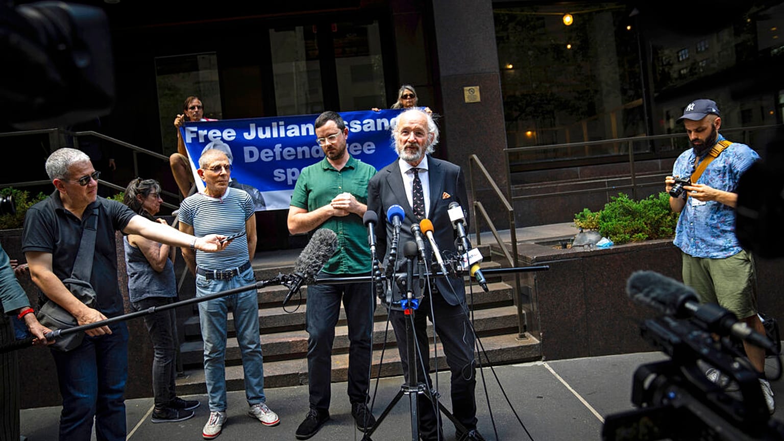 John Shipton, the father of Julian Assange, speaks at a press conference outside the British Consulate in New York on Friday, June 17, 2022.
