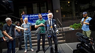 John Shipton, the father of Julian Assange, speaks at a press conference outside the British Consulate in New York on Friday, June 17, 2022.