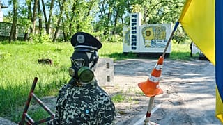 Checkpoint at the entrance to Chernobyl village. After Russian troops left Chernobyl, the Ukrainian army has taken control of the site..