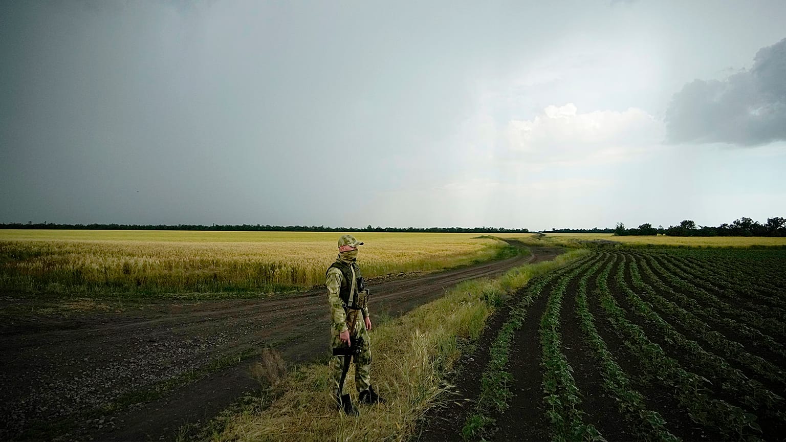A Russian soldier guards an area next to a field of wheat in the Zaporizhzhia region in an area under Russian military control, 14 June 2022