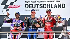 Le podium du Grand Prix d'Allemagne : Fabio Quartararo, Johann Zarco et Jack Miller (19/06/2022) 