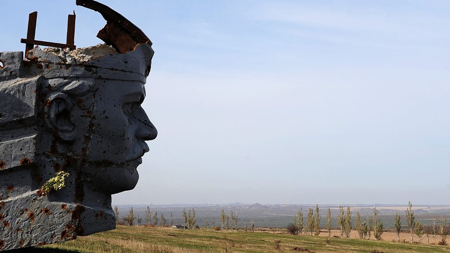 A picture shows a damaged statue at the World War II Savur Mohyla memorial in Snizhne, some 80km east of Donetsk, on October 15, 2014. 