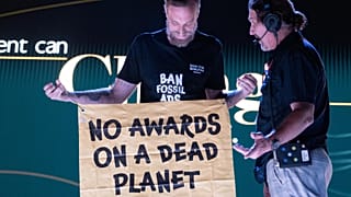 Greenpeace activist and former advertising prize winner Gustav Martner interrupts Cannes Lions opening ceremony to give back an award. 