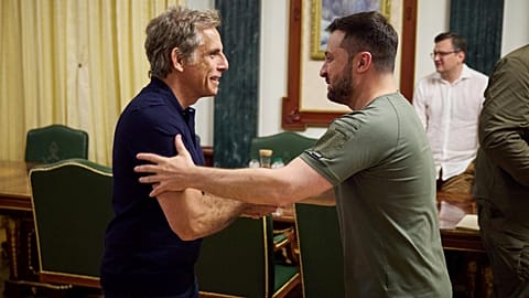 Ukrainian President Volodymyr Zelenskyy, right, and UNHCR Goodwill Ambassador Ben Stiller shake hands during their meeting in Kyiv, Ukraine Monday, June 20, 2022. 