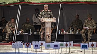 Belkhir El Farouk tábornok nyitóbeszédet tart az "Afrikai Oroszlán 2022" katonai hadgyakorlat első napján, Agadirban
