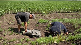 Farmers inspect a Russian rocket fragment after shelling on a sunflower field in Donetsk region, Ukraine, Tuesday, June 21, 2022.