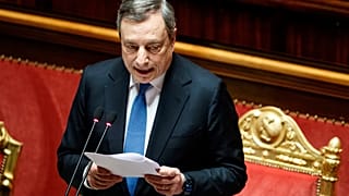 Italian Premier Mario Draghi addresses the Senate in Rome.