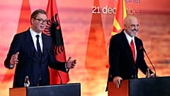 Serbian President Aleksandar Vucic, left, and Albanian Prime Minister Edi Rama join a press conference with North Macedonia's Prime Minister Zoran Zaev. FILE