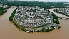 Aerial photo shows flooded areas of Wuyuan County, southeastern China's Jiangxi Province, June 20, 2022. 