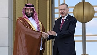 Mohammed bin Salman and Recep Tayyip Erdogan shake hands during a welcome ceremony in Ankara.