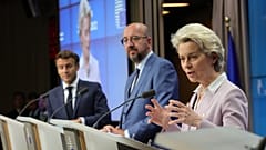 European Commission President Ursula von der Leyen, European Council President Charles Michel and French President Emmanuel Macron at an EU summit in Brussels, June 23, 2022.