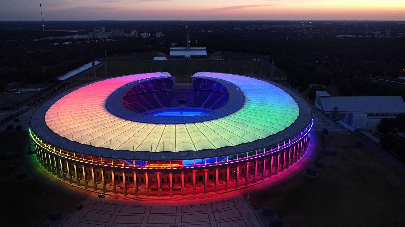 The Olympic Stadium in Berlin was illuminated in rainbow colours during UEFA Euro 2020 last summer. 