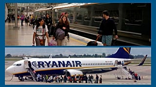 En ht : perturbation dans une des gares ferroviaires de Londres (26/06/2022) / en bas : appareil de la compagnie Ryanair (13/05/2015)