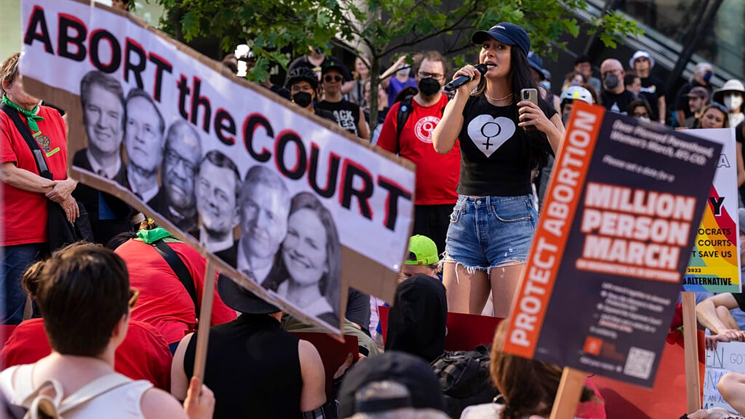 Yasaman Zia speaks in support of abortion rights during a protest outside of the Jackson Federal Building in Seattle