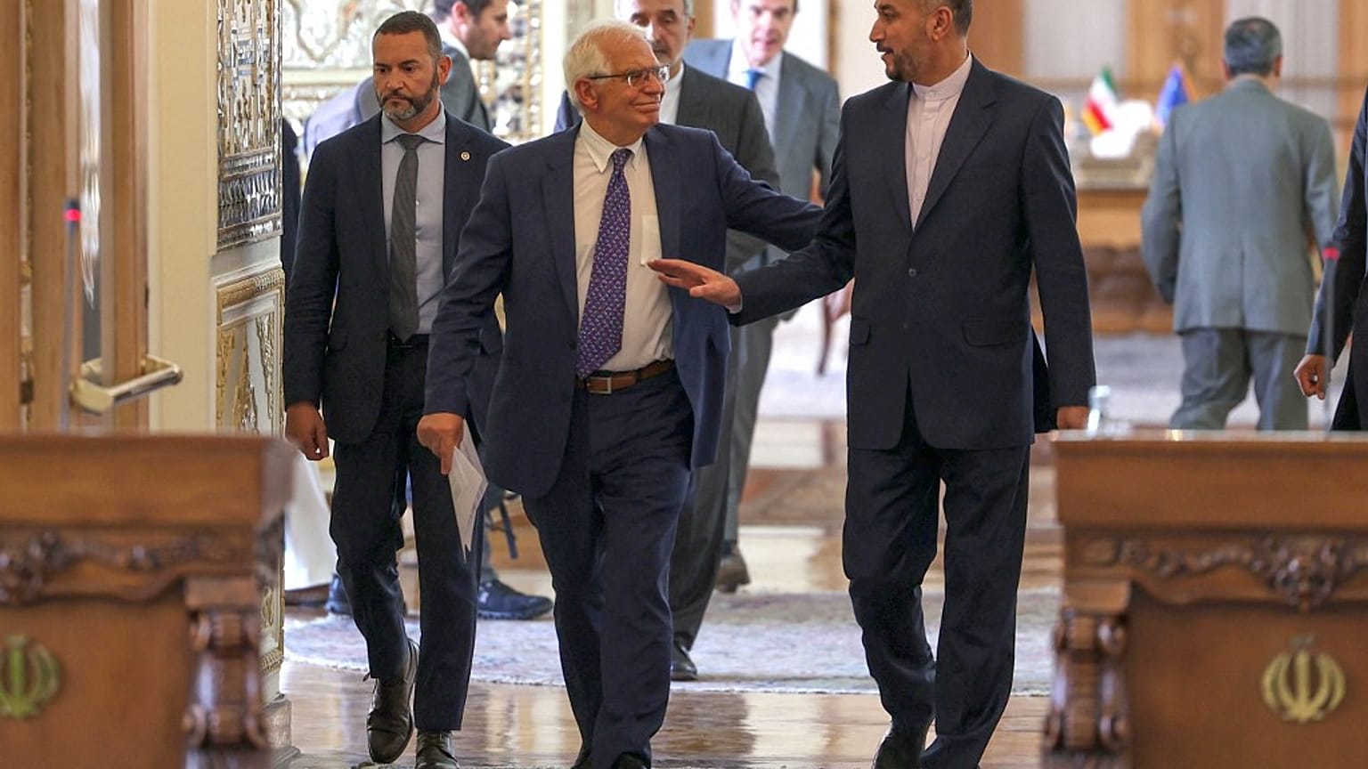 Iran's Foreign Minister Hossein Amir-Abdollahian attends a press conference with Josep Borell, the EU's foreign policy chief.