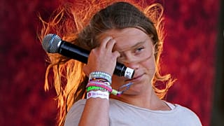 Greta Thunberg addresses the crowd at the Glastonbury Festival in Worthy Farm, Somerset, England, June 25, 2022.