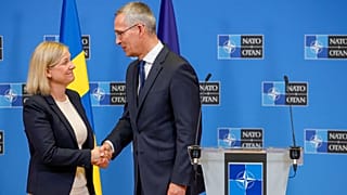 NATO Secretary General Jens Stoltenberg and Prime Minister of Sweden Magdalena Andersson give a press conference prior to a NATO summit in Brussels, Monday, June 27, 2022