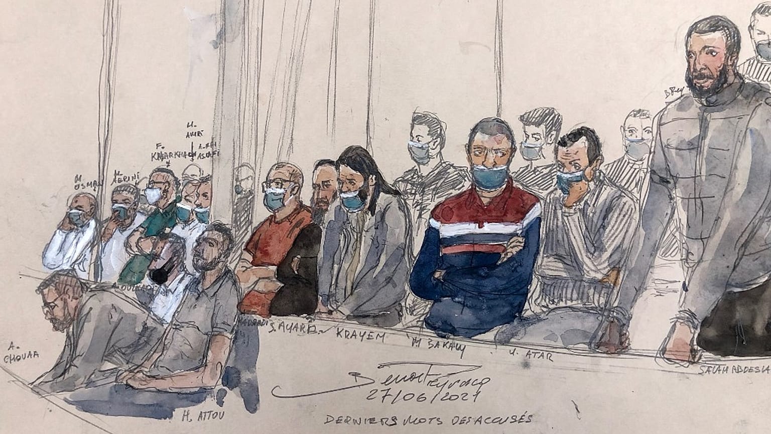 Salah Abdeslam et les co-accusés du procès des attentats du 13-Novembre / Paris, le 27/06/2022