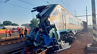 Rescue workers at the scene of the collision in Bohumin, around 300 kilometres from Prague.
