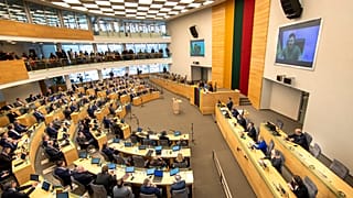 Ukrainian President Volodymyr Zelensky spoke to the Lithuanian parliament in April.