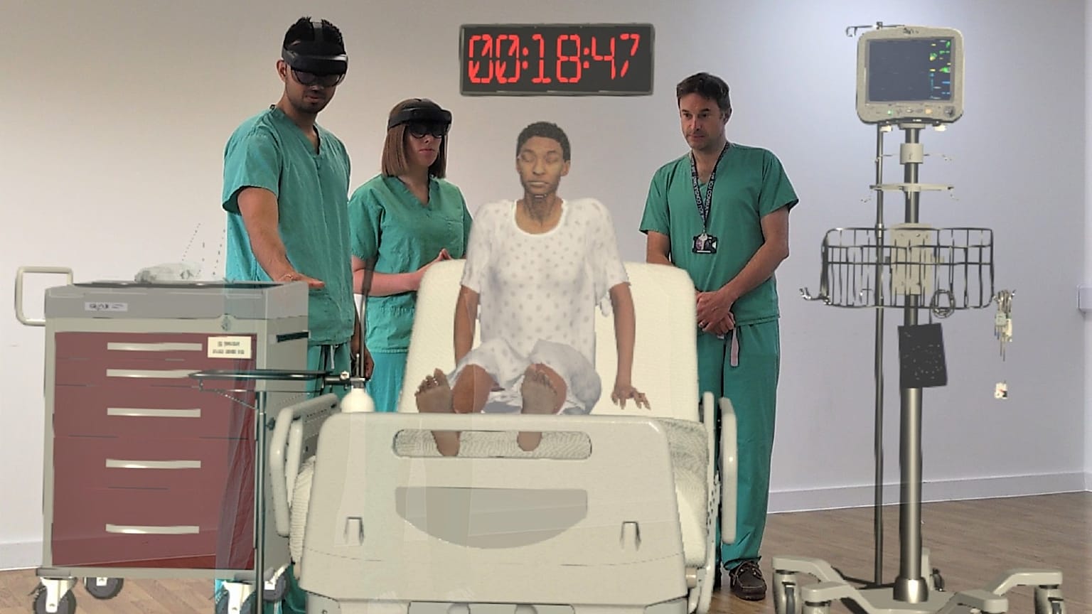 Learners put on mixed reality headsets and are immersed in a lifelike training scenario, overlaid onto their physical environment.
